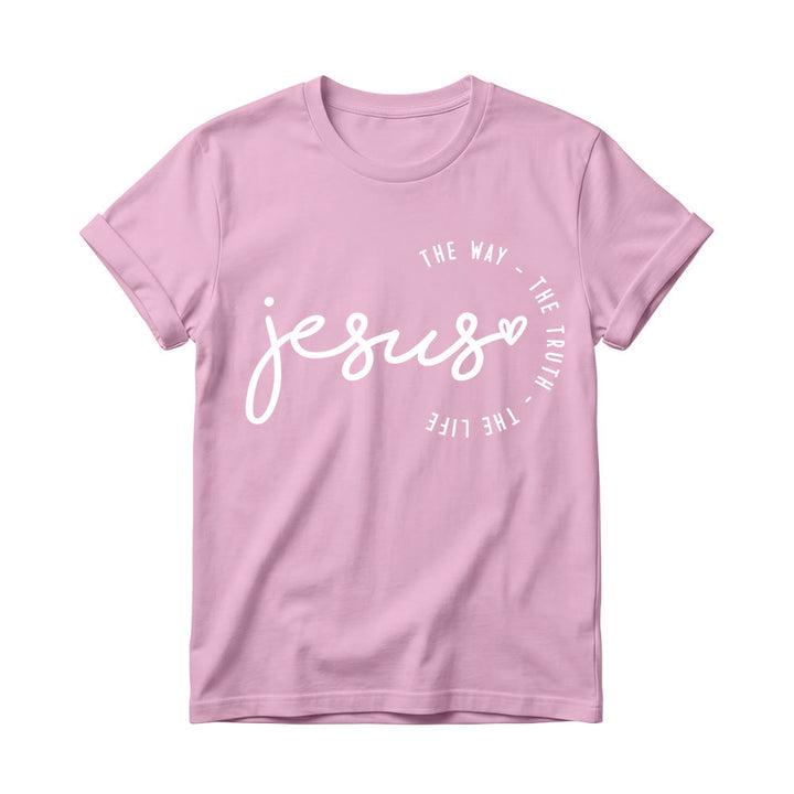 Christianartworkshop Camiseta de cuello redondo para mujer con detalle de corazón de Jesús escrito a mano y arco curvo: El Camino, la Verdad, la Vida. - Rosa - 4XL - image 2
