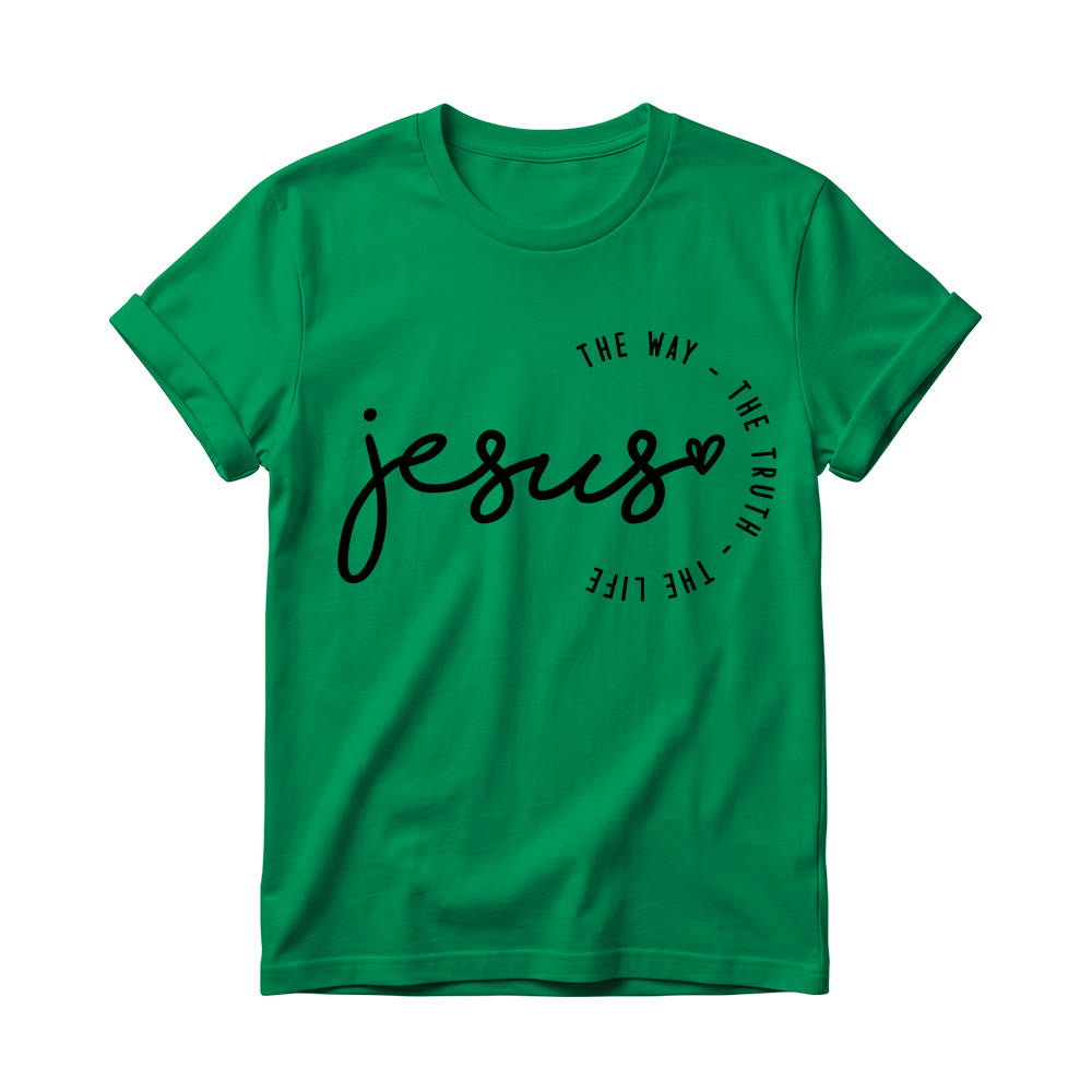 Christianartworkshop Camiseta de cuello redondo para mujer con detalle de corazón de Jesús escrito a mano y arco curvo: El Camino, la Verdad, la Vida. - Verde - 4XL - image 16