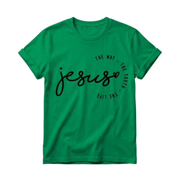 Christianartworkshop Camiseta de cuello redondo para mujer con detalle de corazón de Jesús escrito a mano y arco curvo: El Camino, la Verdad, la Vida. - Verde - 4XL - image 16