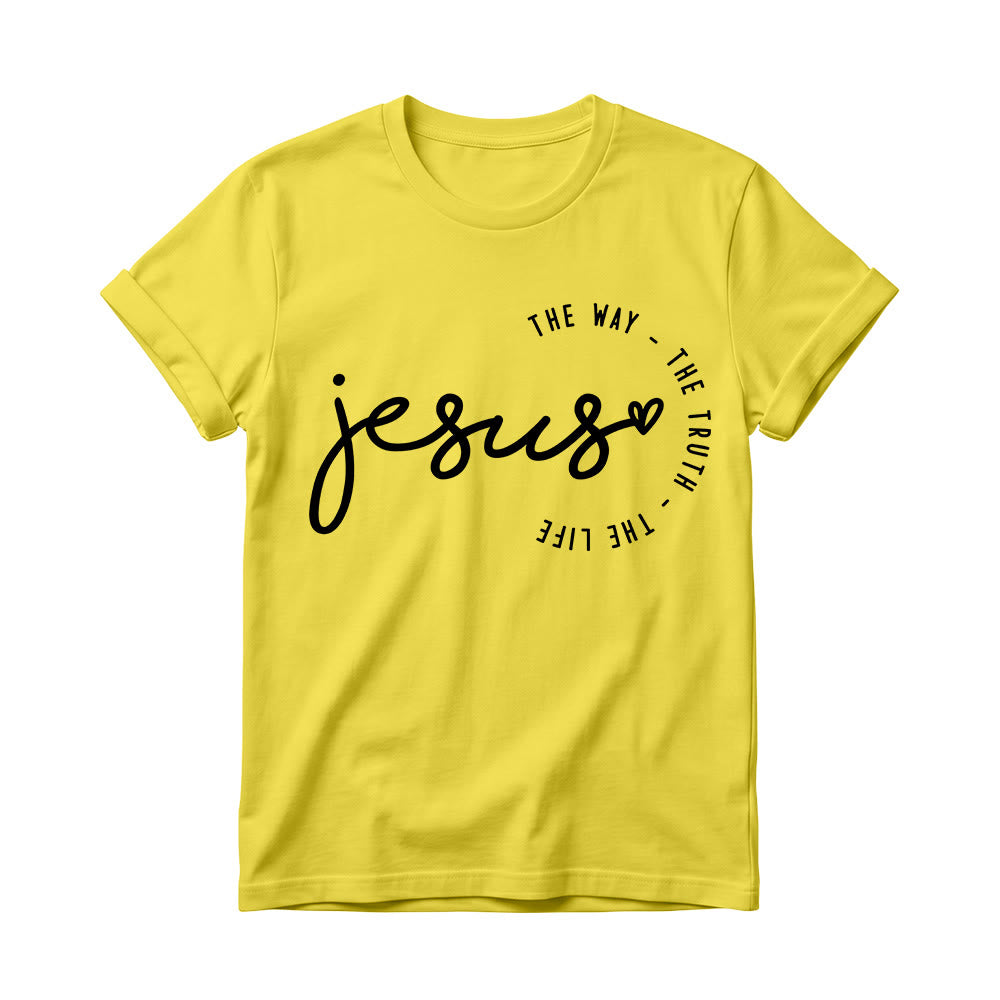 Christianartworkshop Camiseta de cuello redondo para mujer con detalle de corazón de Jesús escrito a mano y arco curvo: El Camino, la Verdad, la Vida. - Amarillo - 4XL - image 6