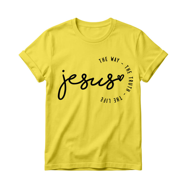 Christianartworkshop Camiseta de cuello redondo para mujer con detalle de corazón de Jesús escrito a mano y arco curvo: El Camino, la Verdad, la Vida. - Amarillo - 4XL - image 6