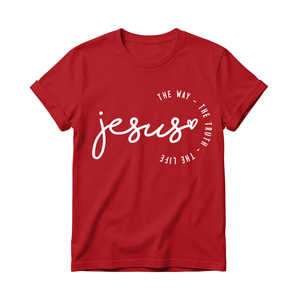 Christianartworkshop Camiseta de cuello redondo para mujer con detalle de corazón de Jesús escrito a mano y arco curvo: El Camino, la Verdad, la Vida. - Rojo - 4XL - image 14