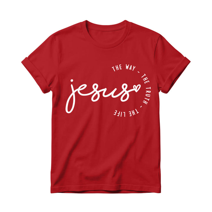 Christianartworkshop Camiseta de cuello redondo para mujer con detalle de corazón de Jesús escrito a mano y arco curvo: El Camino, la Verdad, la Vida. - Rojo - 4XL - image 14