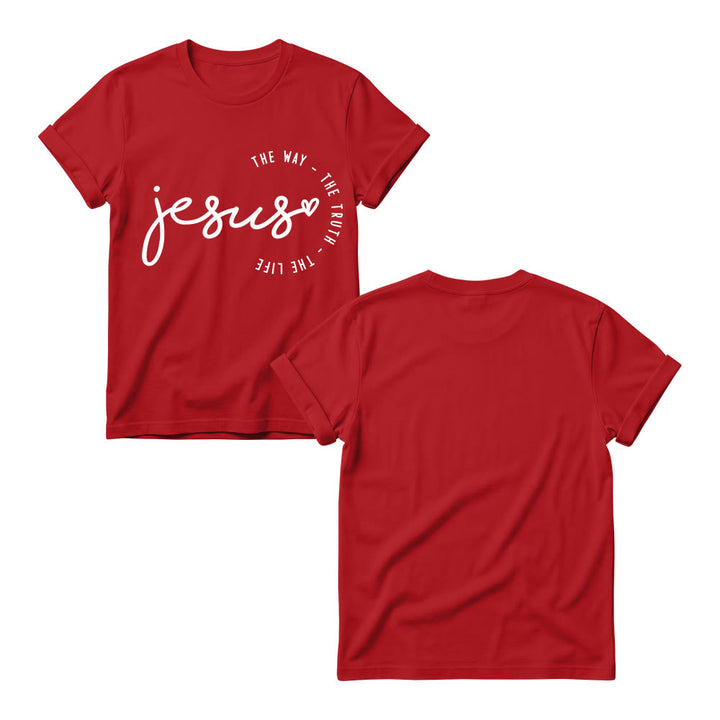 Christianartworkshop Camiseta de cuello redondo para mujer con detalle de corazón de Jesús escrito a mano y arco curvo: El Camino, la Verdad, la Vida. - image 15