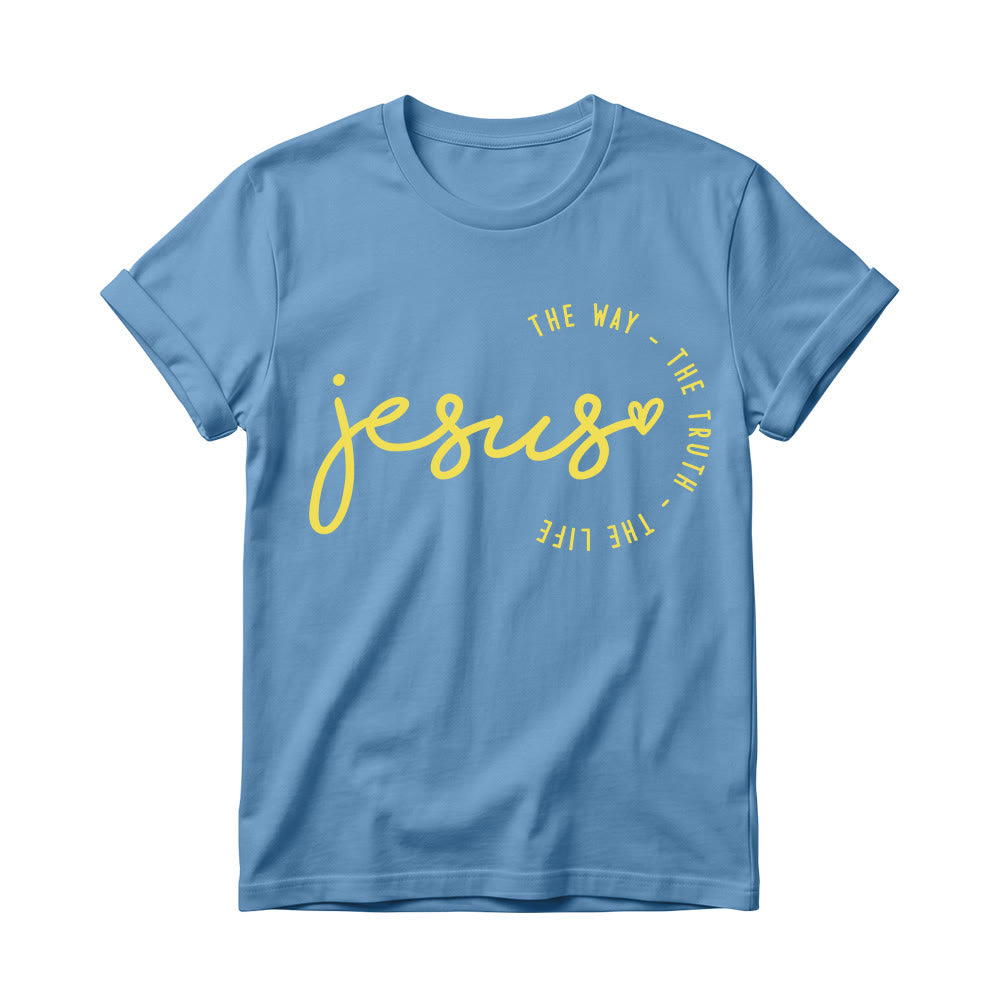 Christianartworkshop Camiseta de cuello redondo para mujer con detalle de corazón de Jesús escrito a mano y arco curvo: El Camino, la Verdad, la Vida. - Azul - 4XL - image 10