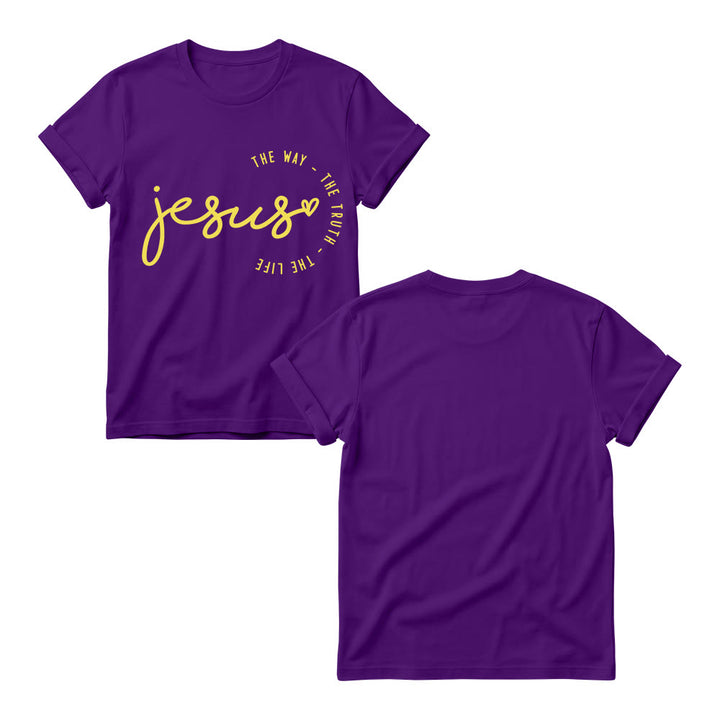 Christianartworkshop Camiseta de cuello redondo para mujer con detalle de corazón de Jesús escrito a mano y arco curvo: El Camino, la Verdad, la Vida. - image 13
