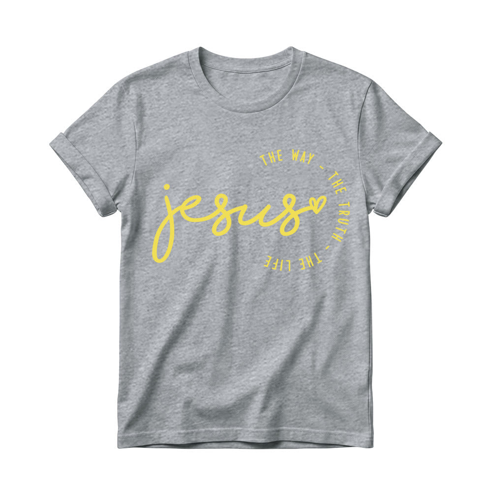 Christianartworkshop Camiseta de cuello redondo para mujer con detalle de corazón de Jesús escrito a mano y arco curvo: El Camino, la Verdad, la Vida. - Gris - 4XL - image 8