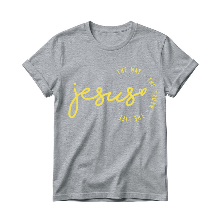 Christianartworkshop Camiseta de cuello redondo para mujer con detalle de corazón de Jesús escrito a mano y arco curvo: El Camino, la Verdad, la Vida. - Gris - 4XL - image 8