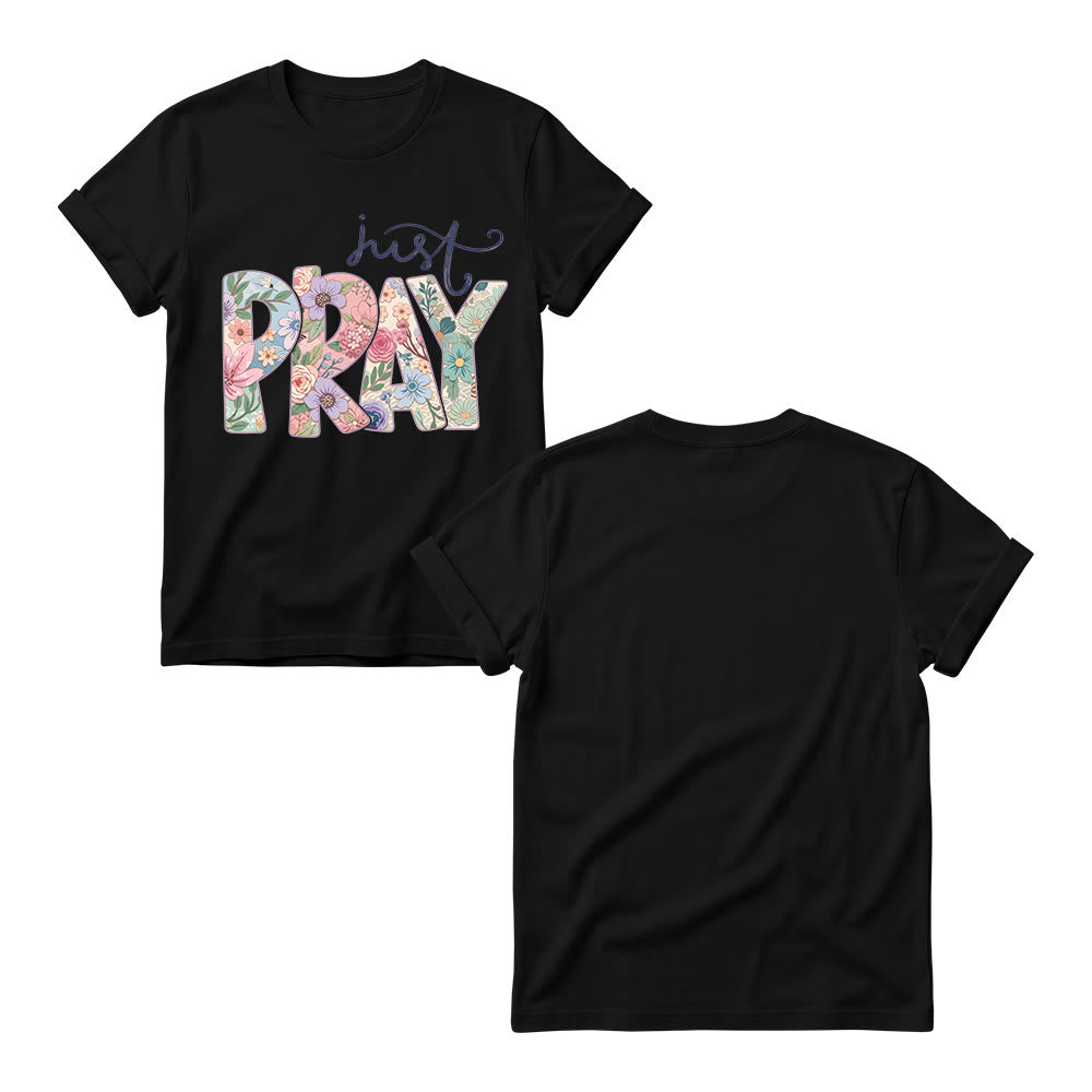 Christianartworkshop Camiseta de cuello redondo para mujer con estampado floral y la frase "Pray" en cursiva. - image 1