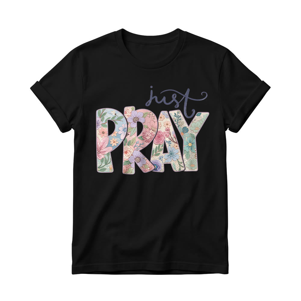 Christianartworkshop Camiseta de cuello redondo para mujer con estampado floral y la frase "Pray" en cursiva. - Negro - 4XL - image 0