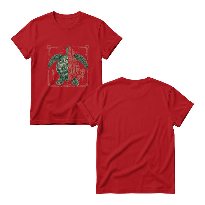 Christianartworkshop Camiseta de cuello redondo para mujer con estampado geométrico dividido de tortuga marina, borde ornamentado y frase devocional del salmo. - image 15