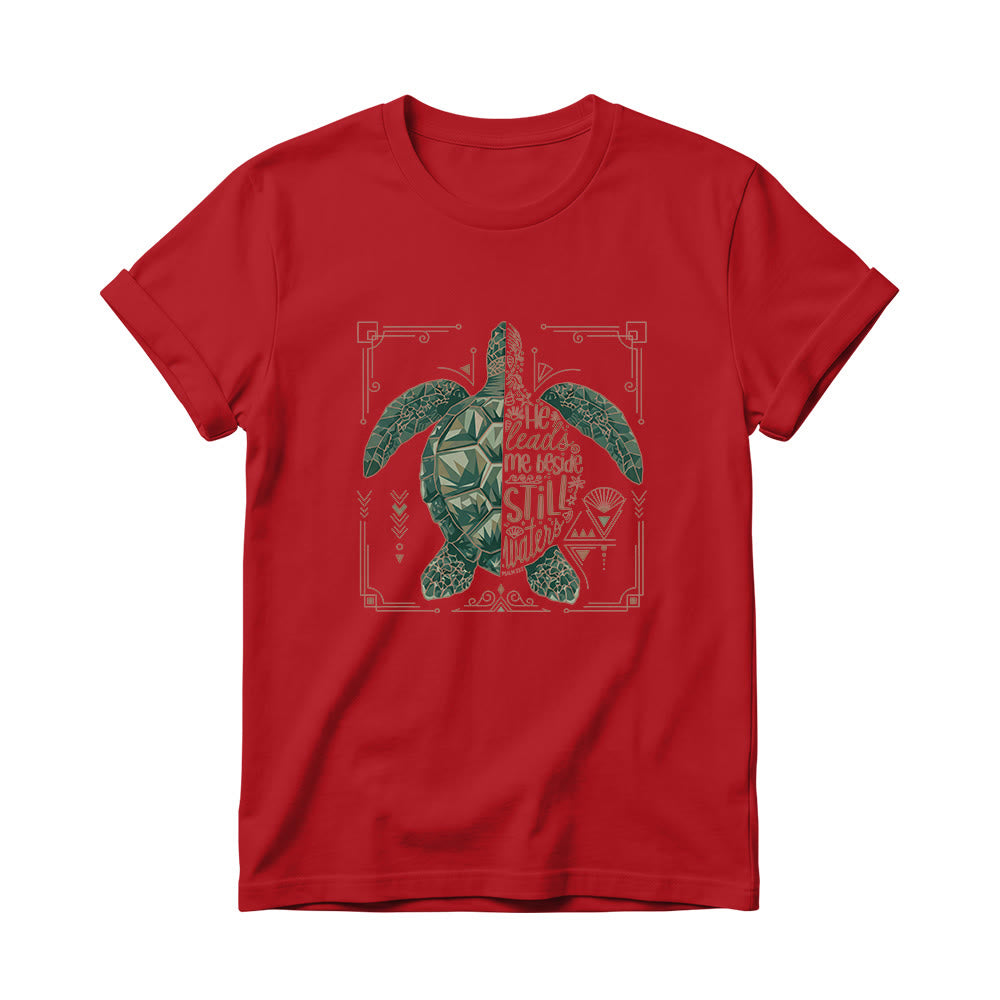 Christianartworkshop Camiseta de cuello redondo para mujer con estampado geométrico dividido de tortuga marina, borde ornamentado y frase devocional del salmo. - Rojo - 4XL - image 14
