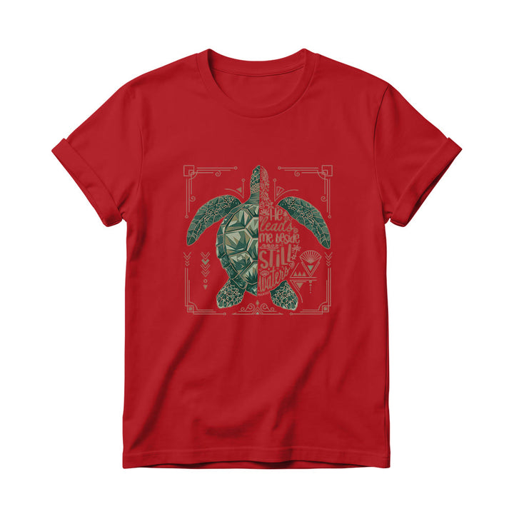 Christianartworkshop Camiseta de cuello redondo para mujer con estampado geométrico dividido de tortuga marina, borde ornamentado y frase devocional del salmo. - Rojo - 4XL - image 14