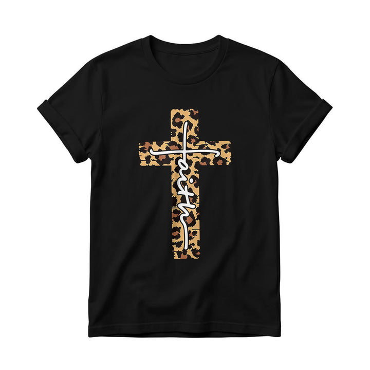 Christianartworkshop Camiseta de cuello redondo para mujer con estampado de leopardo, cruz vertical y letra "Fe" escrita a mano en el interior. - Negro - 4XL - image 8