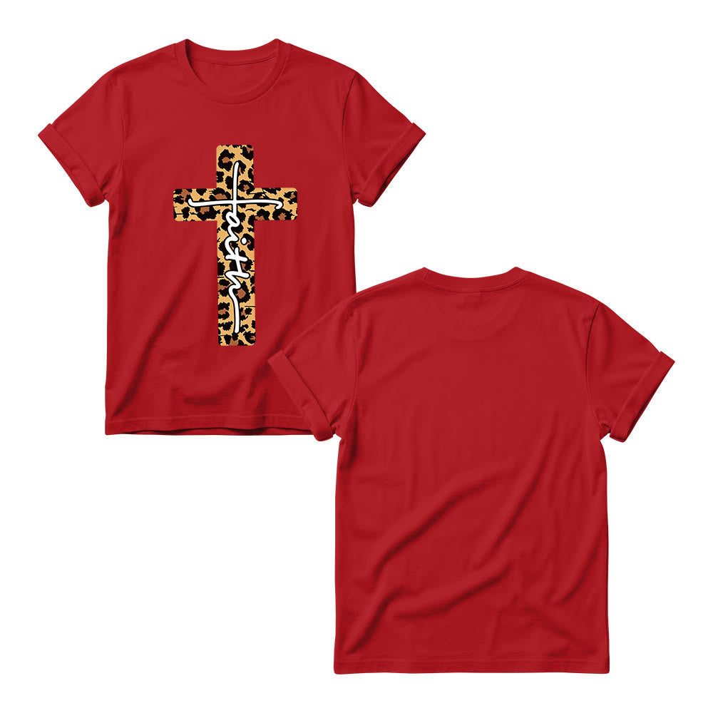 Christianartworkshop Camiseta de cuello redondo para mujer con estampado de leopardo, cruz vertical y letra "Fe" escrita a mano en el interior. - image 15