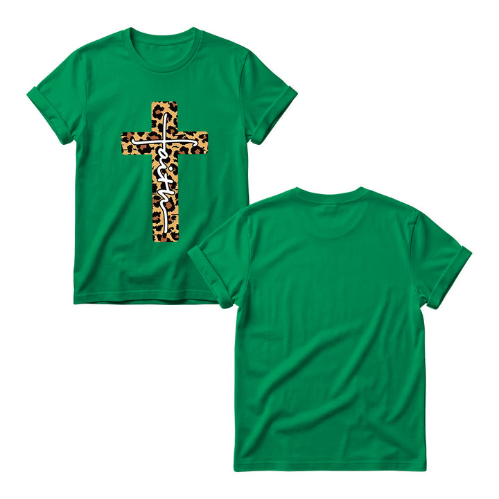 Christianartworkshop Camiseta de cuello redondo para mujer con estampado de leopardo, cruz vertical y letra "Fe" escrita a mano en el interior. - image 17