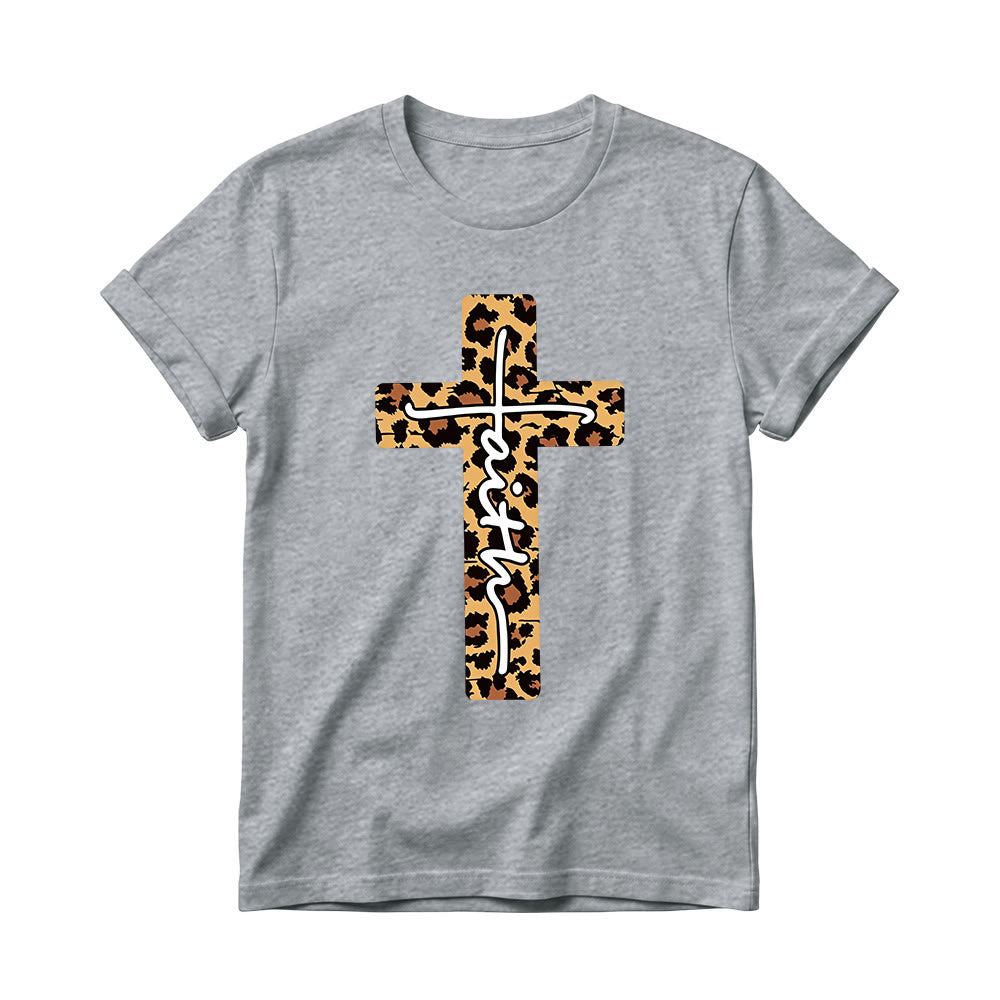 Christianartworkshop Camiseta de cuello redondo para mujer con estampado de leopardo, cruz vertical y letra "Fe" escrita a mano en el interior. - Gris - 4XL - image 12
