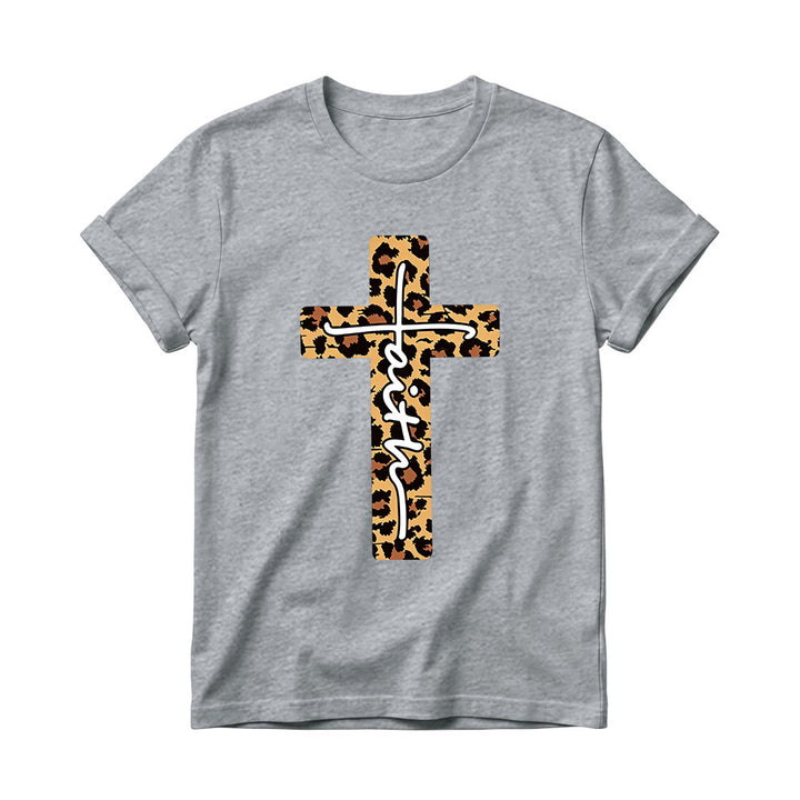 Christianartworkshop Camiseta de cuello redondo para mujer con estampado de leopardo, cruz vertical y letra "Fe" escrita a mano en el interior. - Gris - 4XL - image 12