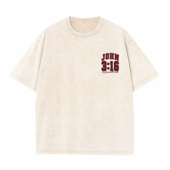 Christianartworkshop Camiseta lavada con la frase Juan 3:16 en la parte trasera, estilo universitario, "Porque de tal manera amó Dios al mundo". - image 10