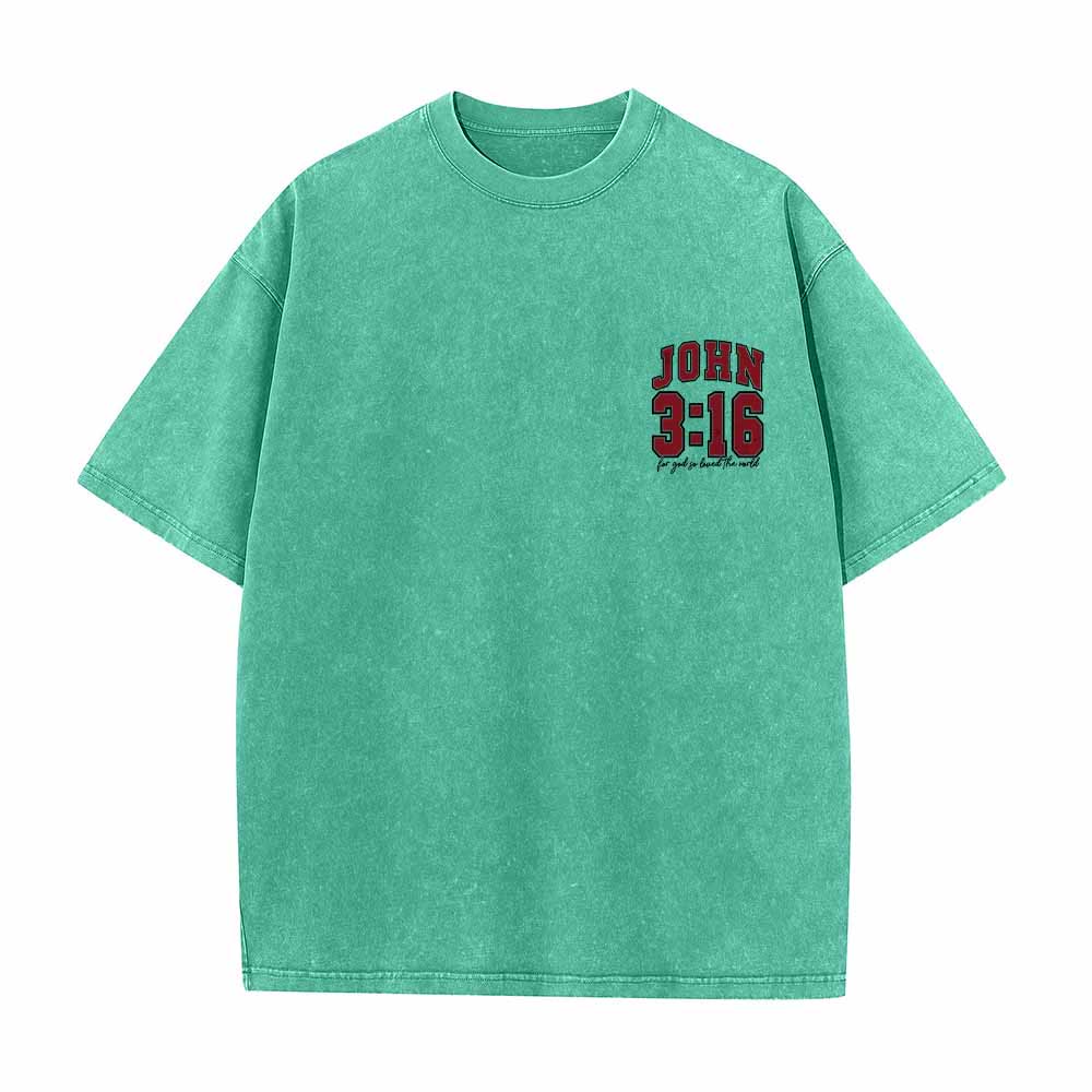 Christianartworkshop Camiseta lavada con la frase Juan 3:16 en la parte trasera, estilo universitario, "Porque de tal manera amó Dios al mundo". - image 4