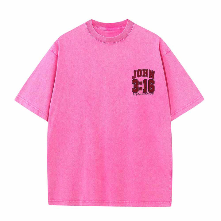 Christianartworkshop Camiseta lavada con la frase Juan 3:16 en la parte trasera, estilo universitario, "Porque de tal manera amó Dios al mundo". - image 22