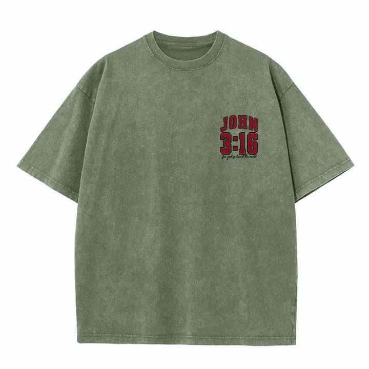 Christianartworkshop Camiseta lavada con la frase Juan 3:16 en la parte trasera, estilo universitario, "Porque de tal manera amó Dios al mundo". - image 25
