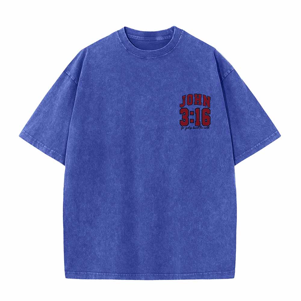 Christianartworkshop Camiseta lavada con la frase Juan 3:16 en la parte trasera, estilo universitario, "Porque de tal manera amó Dios al mundo". - image 16