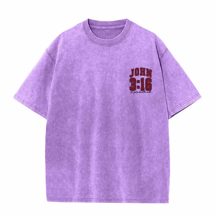 Christianartworkshop Camiseta lavada con la frase Juan 3:16 en la parte trasera, estilo universitario, "Porque de tal manera amó Dios al mundo". - image 19