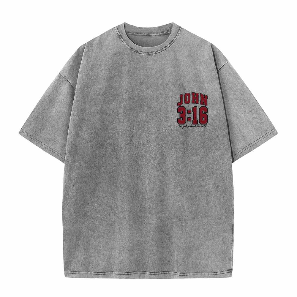 Christianartworkshop Camiseta lavada con la frase Juan 3:16 en la parte trasera, estilo universitario, "Porque de tal manera amó Dios al mundo". - image 1