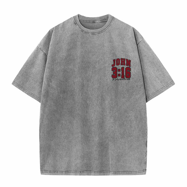 Christianartworkshop Camiseta lavada con la frase Juan 3:16 en la parte trasera, estilo universitario, "Porque de tal manera amó Dios al mundo". - image 1