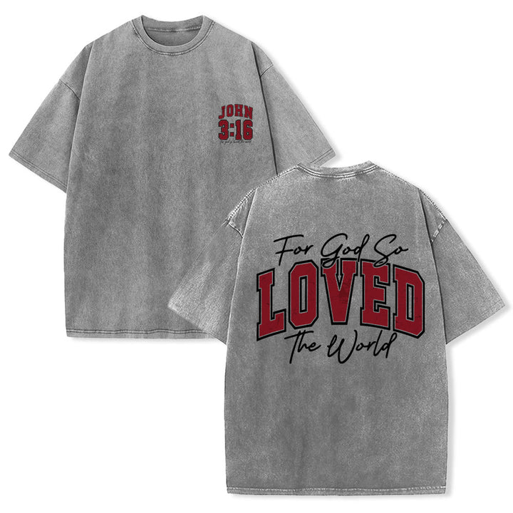 Christianartworkshop Camiseta lavada con la frase Juan 3:16 en la parte trasera, estilo universitario, "Porque de tal manera amó Dios al mundo". - Gris - 5XL - image 0