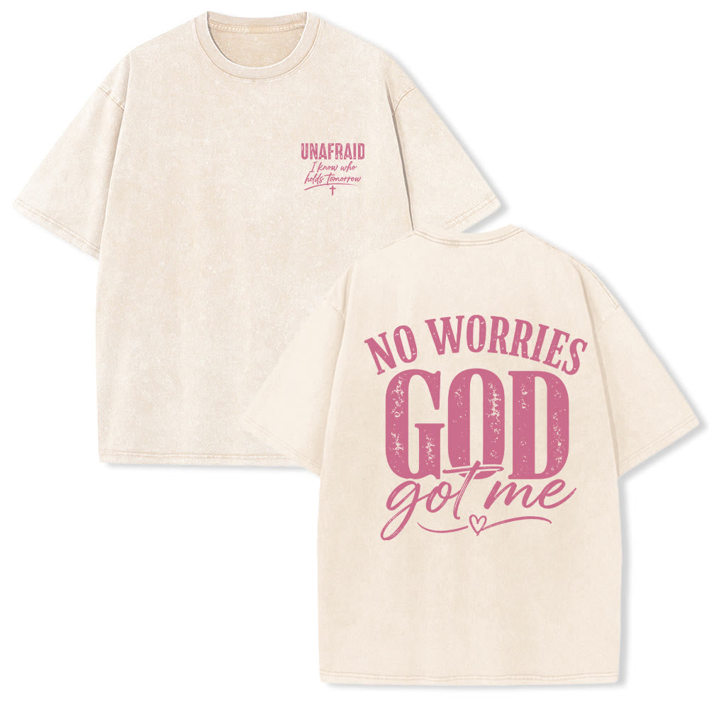 Christianartworkshop Camiseta lavada con detalle de corazón y la frase "Sin miedo" en la espalda, "No te preocupes, Dios me tiene". - Beige - 5XL - image 15