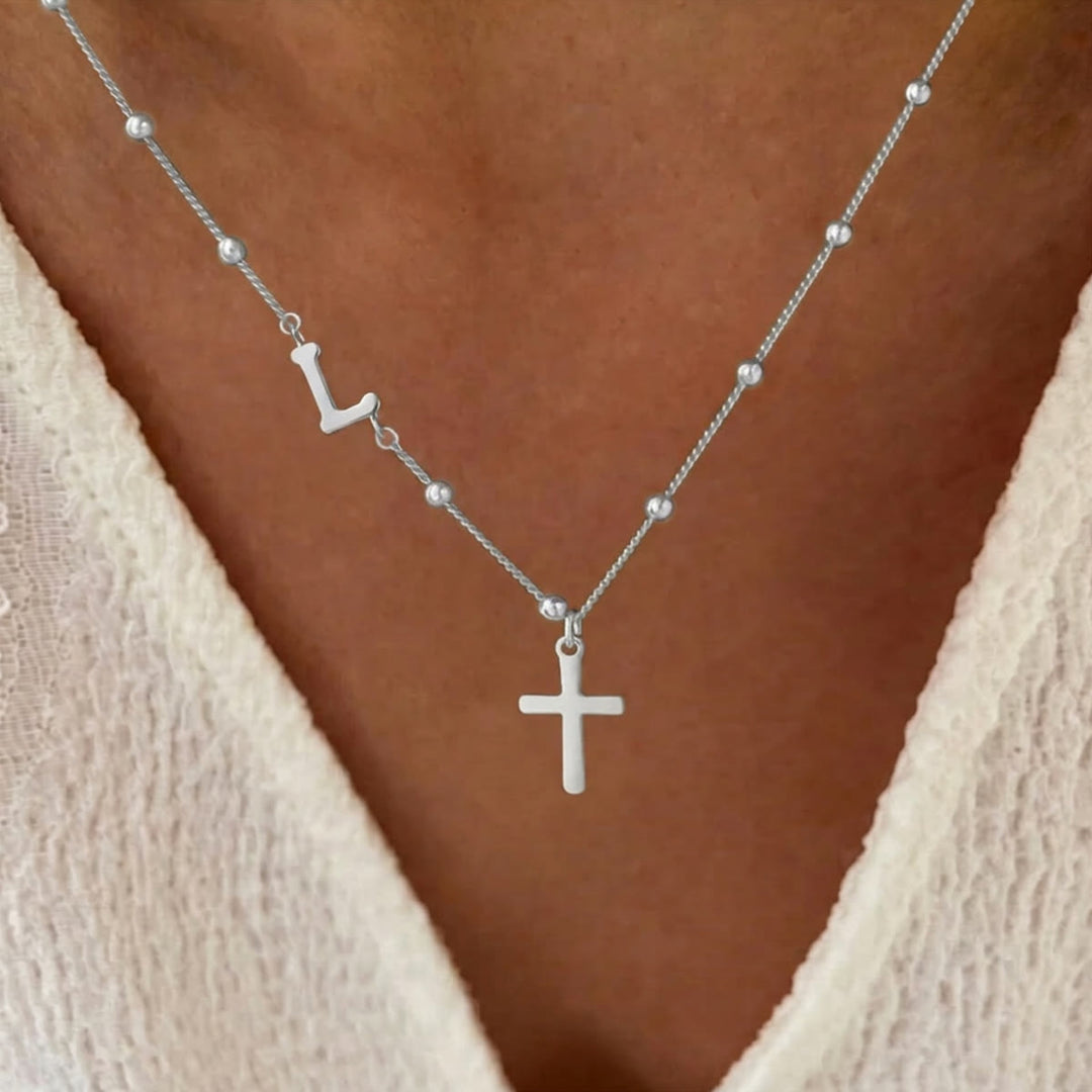 Christianartworkshop Collar con colgante de cruz con inicial personalizada de la A a la Z y cadena de cuentas: emblema atemporal de la suave protección celestial. - Plata - L - image 37