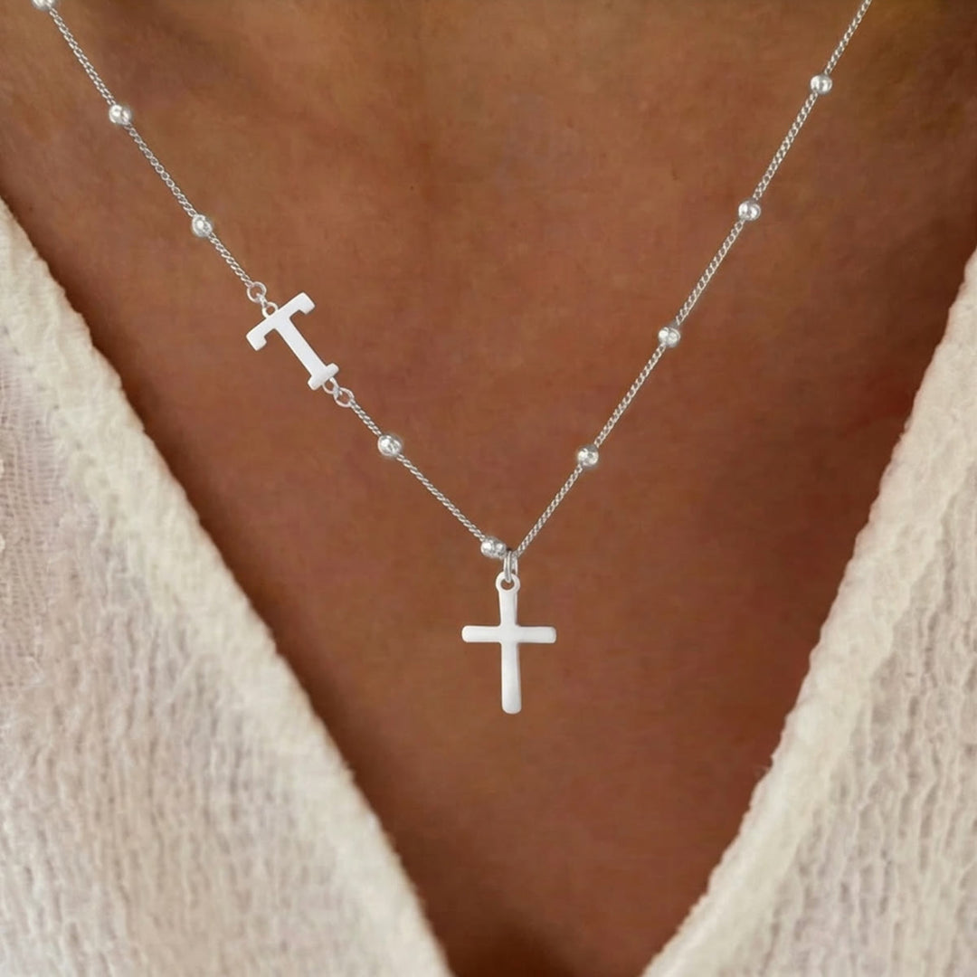 Christianartworkshop Collar con colgante de cruz con inicial personalizada de la A a la Z y cadena de cuentas: emblema atemporal de la suave protección celestial. - Plata - T - image 45