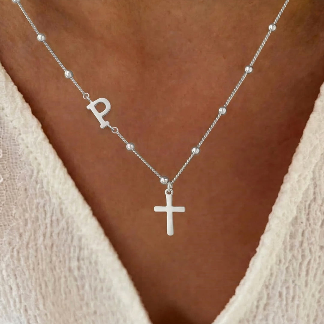 Christianartworkshop Collar con colgante de cruz con inicial personalizada de la A a la Z y cadena de cuentas: emblema atemporal de la suave protección celestial. - Plata - PAG - image 41
