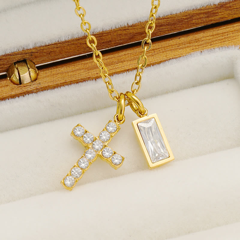 Christianartworkshop Collar doble con dije de cruz brillante y piedra rectangular personalizada del mes de nacimiento: emblema atemporal de la suave protección celestial. - image 8