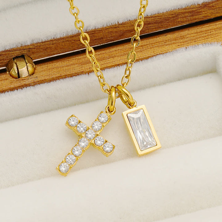 Christianartworkshop Collar doble con dije de cruz brillante y piedra rectangular personalizada del mes de nacimiento: emblema atemporal de la suave protección celestial. - image 8