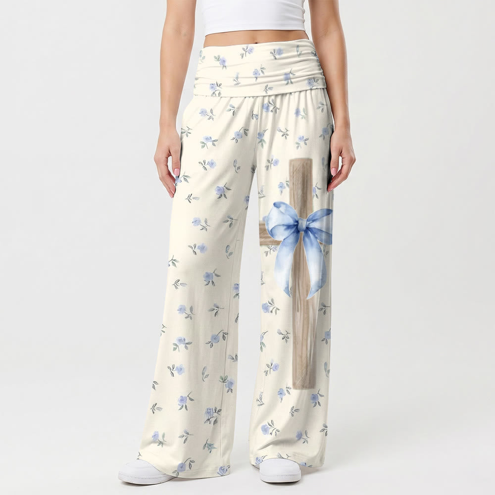 Christianartworkshop Pantalones de pierna ancha con estampado floral de acuarela y textura de madera, cruz azul y lazo decorativo. - US22, UK/AU26, EU54 (6XL) - image 0