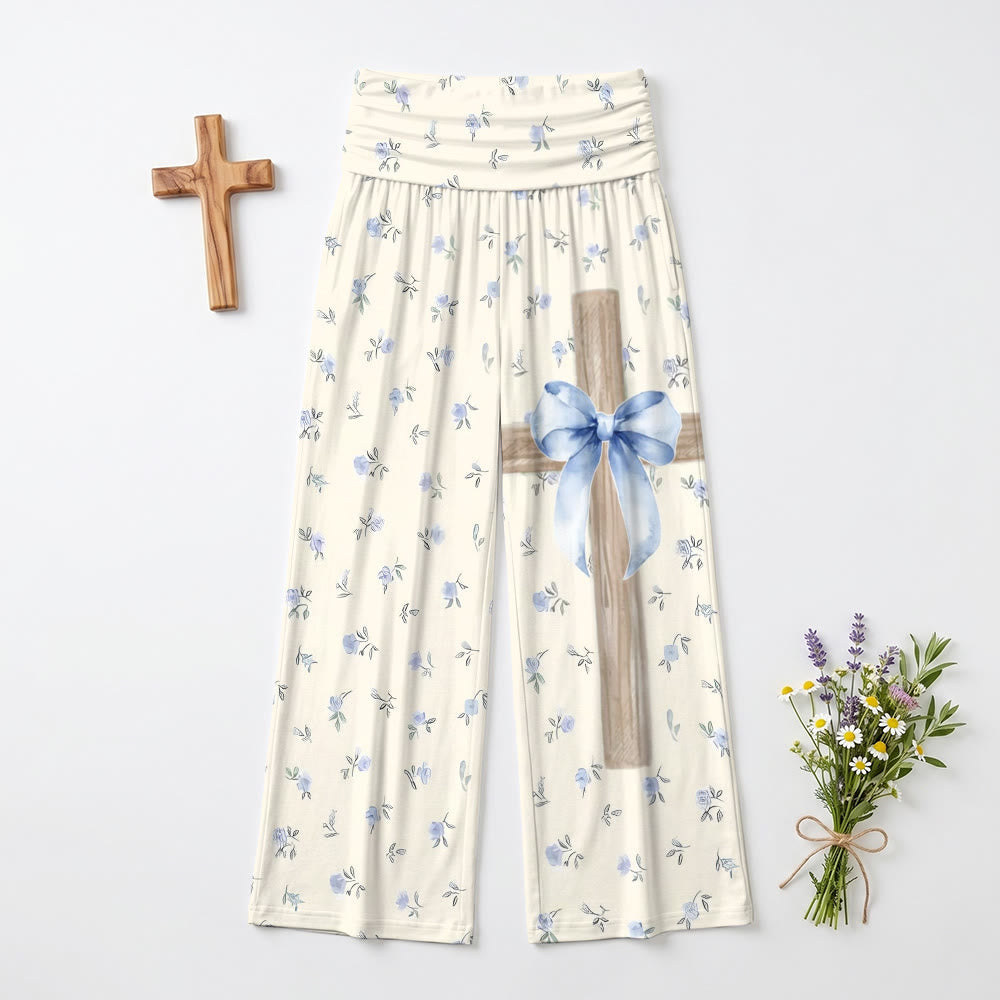 Christianartworkshop Pantalones de pierna ancha con estampado floral de acuarela y textura de madera, cruz azul y lazo decorativo. - image 1