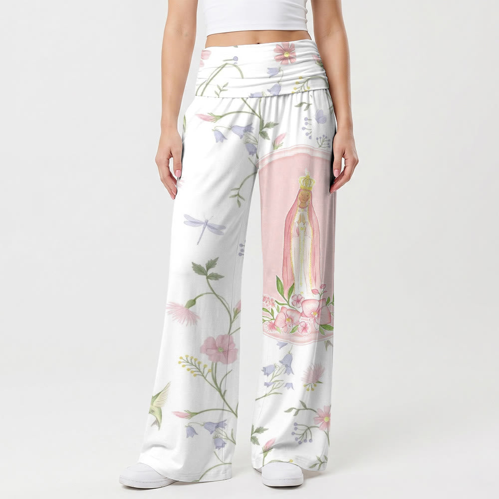 Christianartworkshop Pantalones de talle alto y pierna ancha con estampado floral de enredaderas en acuarela, libélulas y colibríes, retratos de la Virgen María. - US22, UK/AU26, EU54 (6XL) - image 0