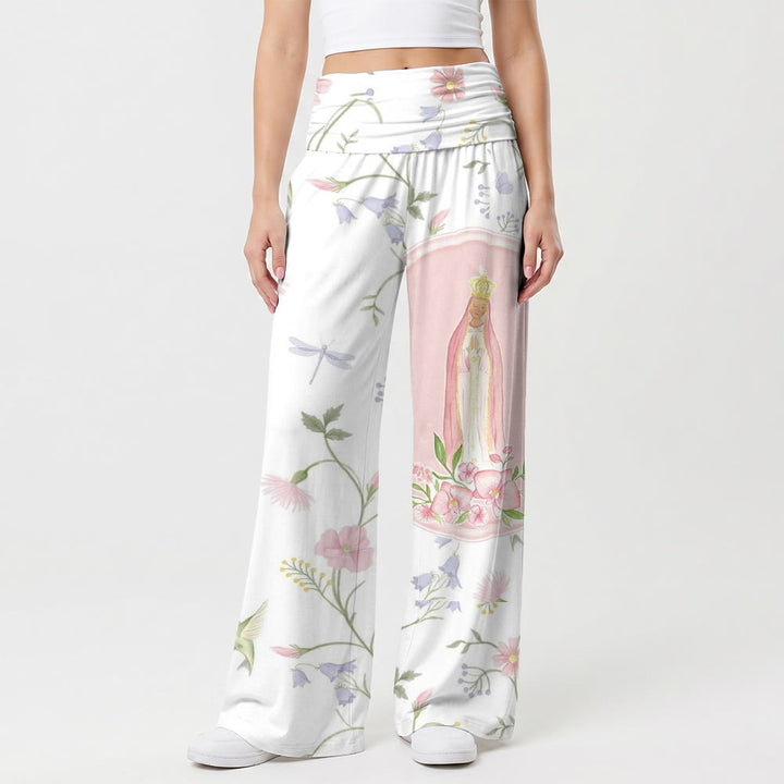 Christianartworkshop Pantalones de talle alto y pierna ancha con estampado floral de enredaderas en acuarela, libélulas y colibríes, retratos de la Virgen María. - US22, UK/AU26, EU54 (6XL) - image 0