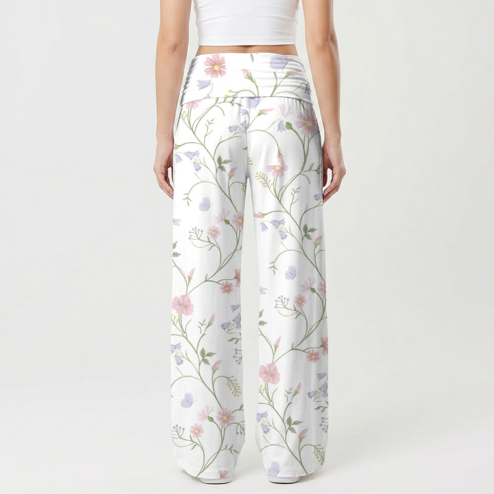Christianartworkshop Pantalones de talle alto y pierna ancha con estampado floral de enredaderas en acuarela, libélulas y colibríes, retratos de la Virgen María. - image 2