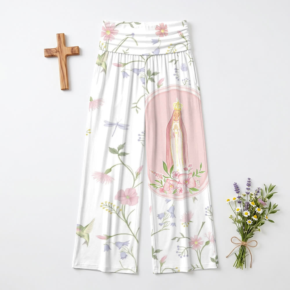 Christianartworkshop Pantalones de talle alto y pierna ancha con estampado floral de enredaderas en acuarela, libélulas y colibríes, retratos de la Virgen María. - image 1