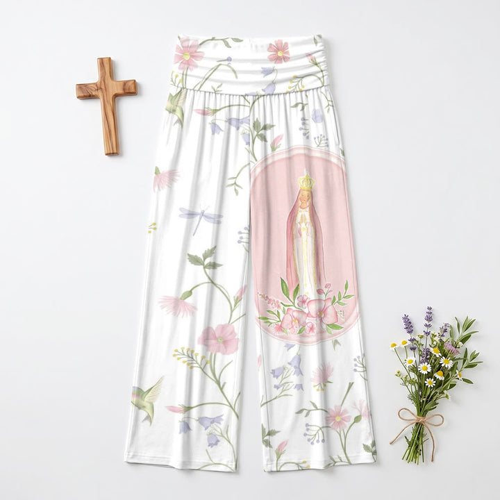 Christianartworkshop Pantalones de talle alto y pierna ancha con estampado floral de enredaderas en acuarela, libélulas y colibríes, retratos de la Virgen María. - image 1