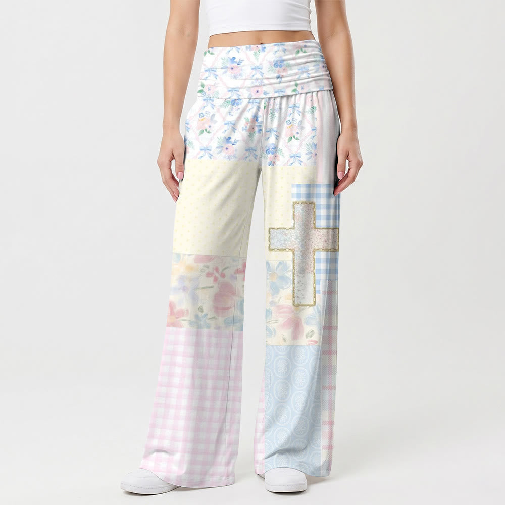 Christianartworkshop Pantalones de pierna ancha con cintura alta cruzada, estampado floral de cuadros con texturas múltiples y patchwork. - US22,UK/AU26,EU54 (6XL) - image 0