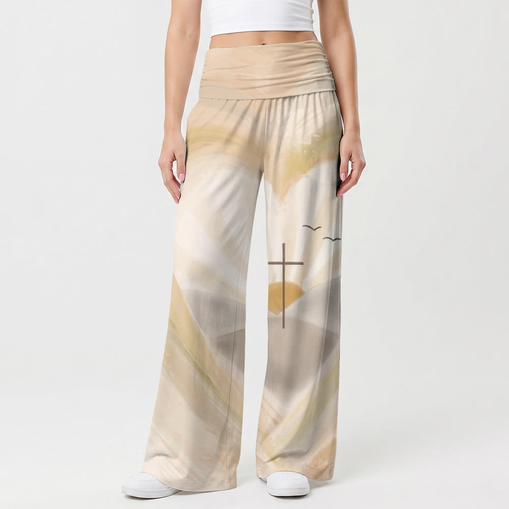 Christianartworkshop Pantalones de pierna ancha de talle alto con corazón de acuarela, halo, cruz, gaviota, amanecer y paisaje. - image 1