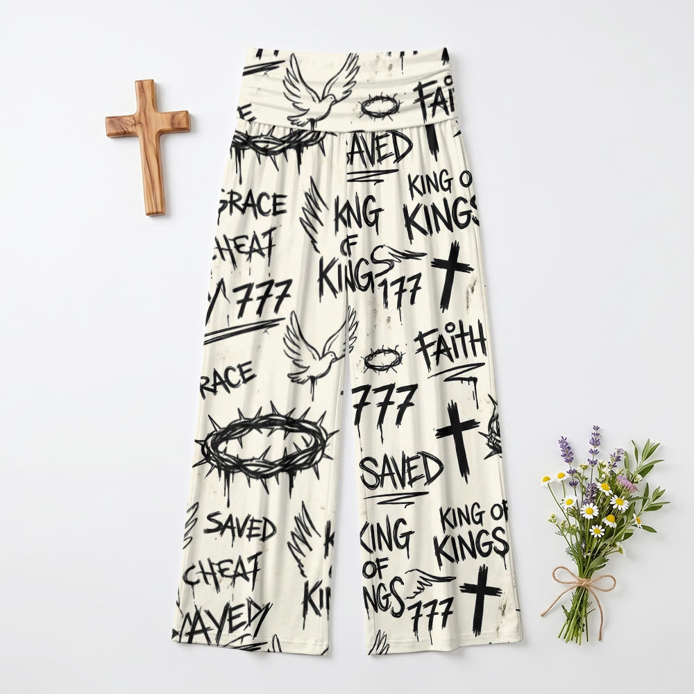 Christianartworkshop Pantalones de pierna ancha de talle alto con estampado integral de corona de espinas, paloma, cruz y texto "Fe salvada". - image 2