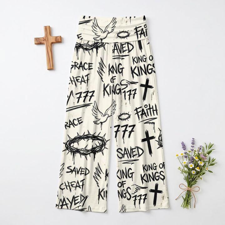 Christianartworkshop Pantalones de pierna ancha de talle alto con estampado integral de corona de espinas, paloma, cruz y texto "Fe salvada". - image 2
