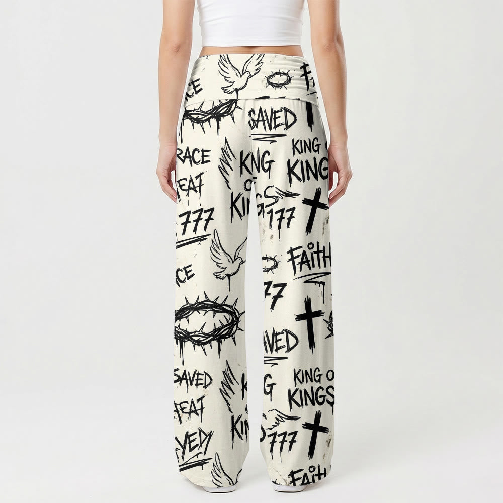 Christianartworkshop Pantalones de pierna ancha de talle alto con estampado integral de corona de espinas, paloma, cruz y texto "Fe salvada". - image 1