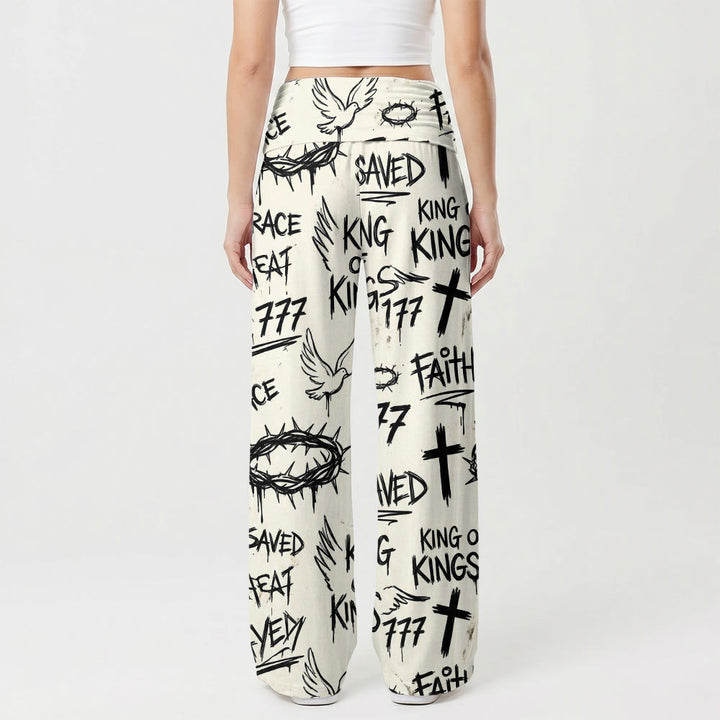 Christianartworkshop Pantalones de pierna ancha de talle alto con estampado integral de corona de espinas, paloma, cruz y texto "Fe salvada". - image 1